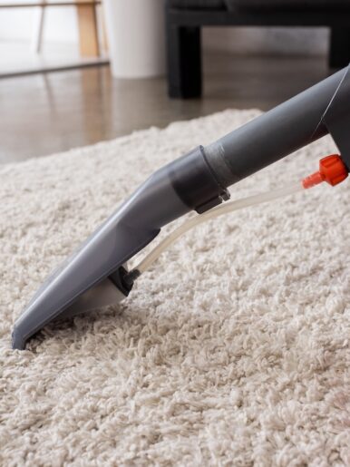 Cropped view of cleaner in rubber gloves cleaning carpet at home